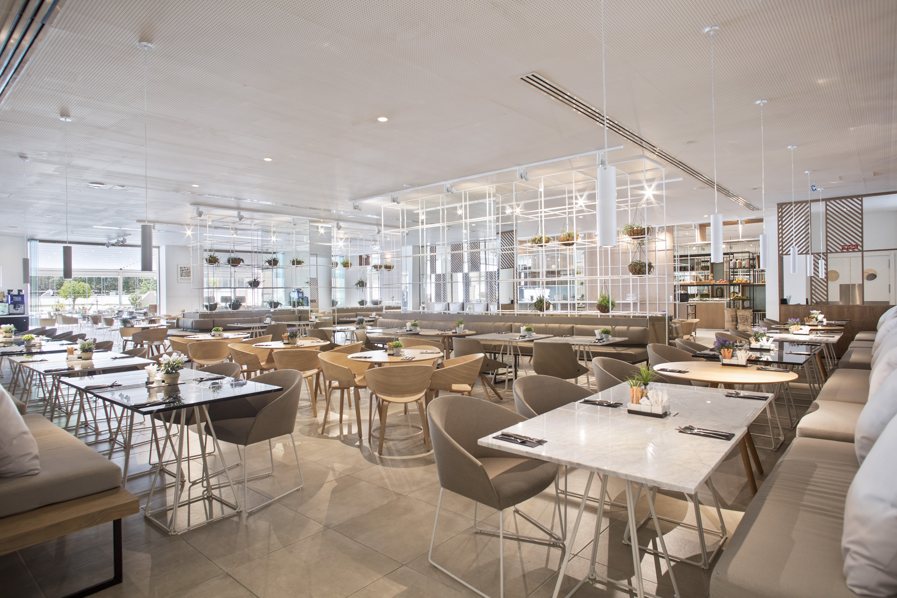 Contemporary restaurant dining area with varied seating and plants.