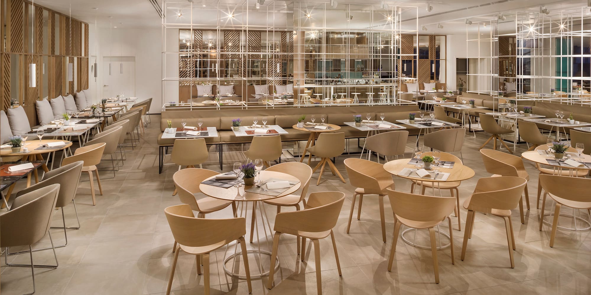 a room with tables and chairs