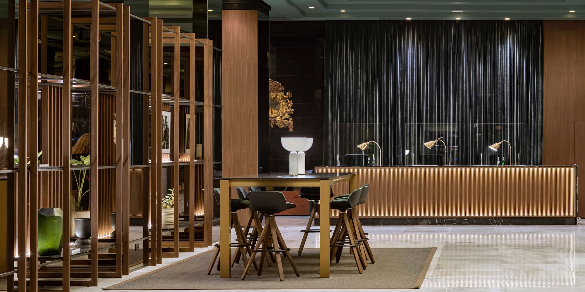 a room with a table and chairs