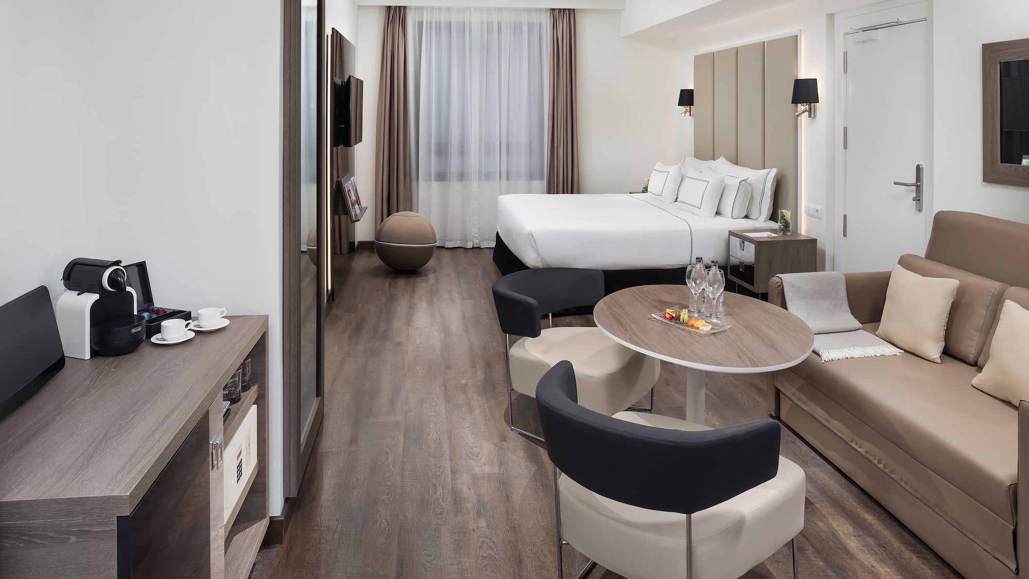 a room with a bed and a table