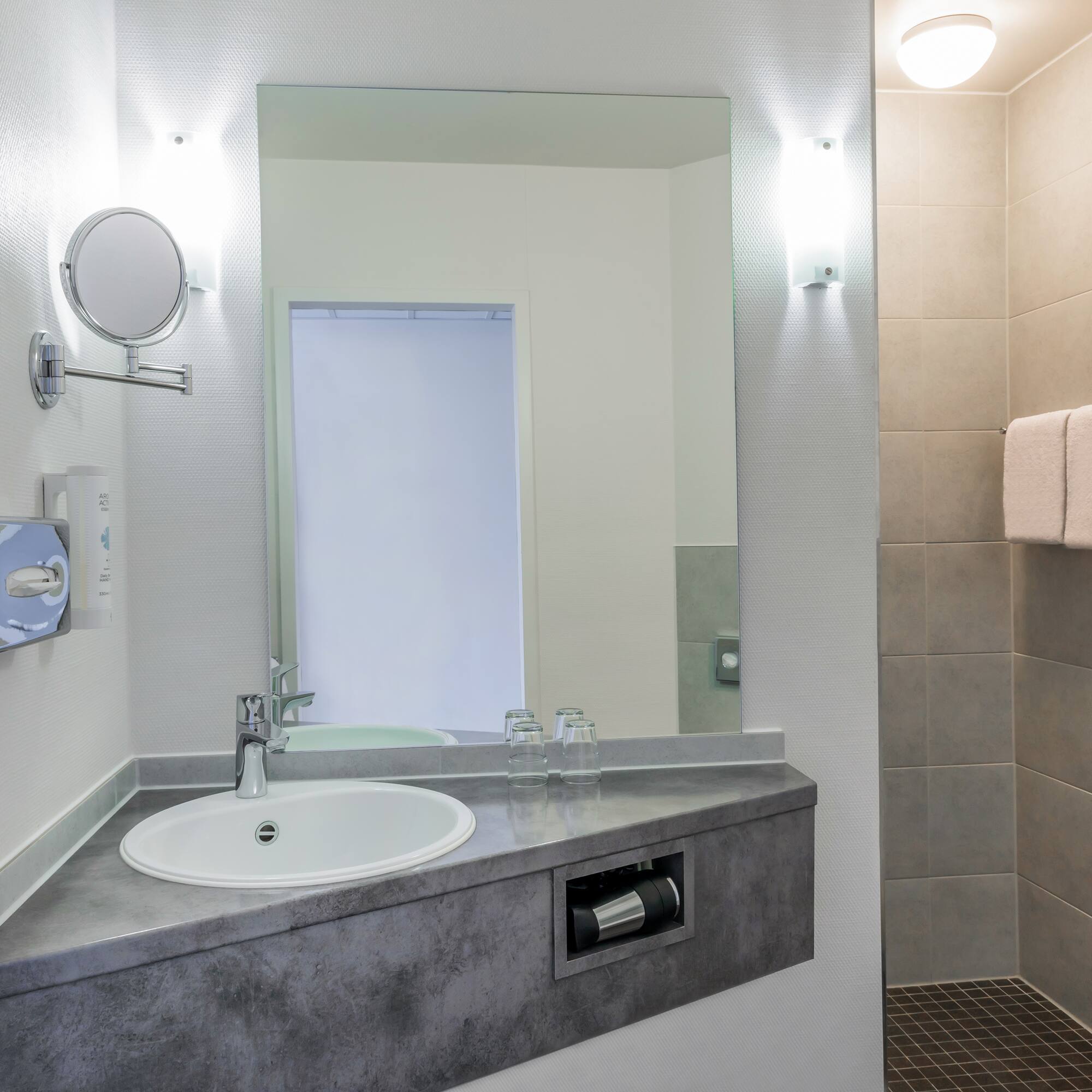 a bathroom with a sink and a mirror