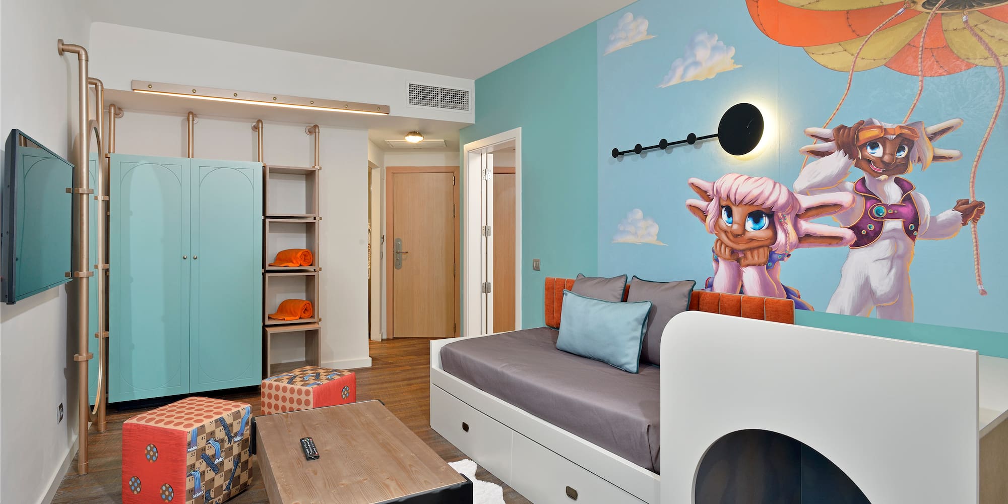 a room with a bed and a table