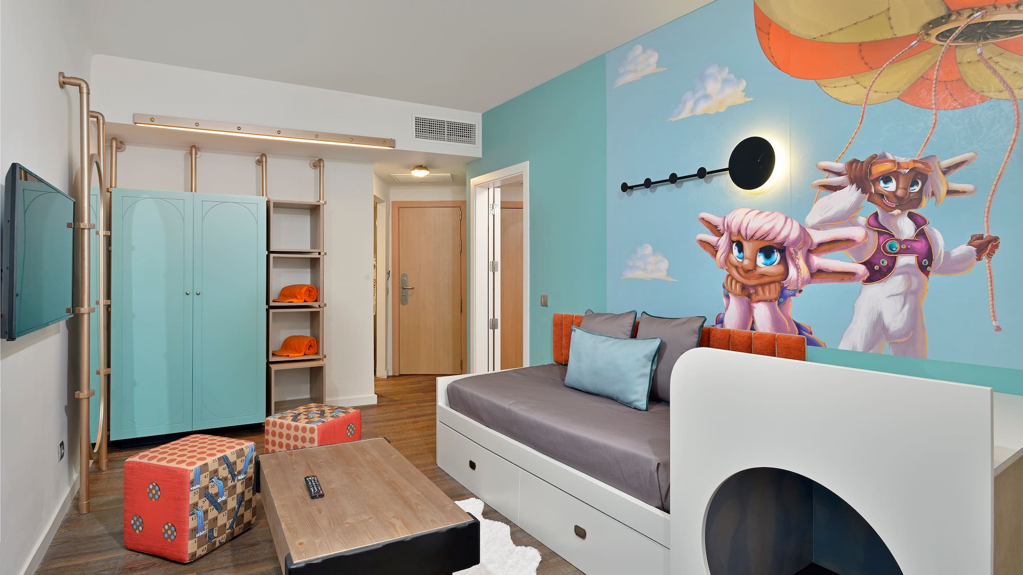 a room with a bed and a table