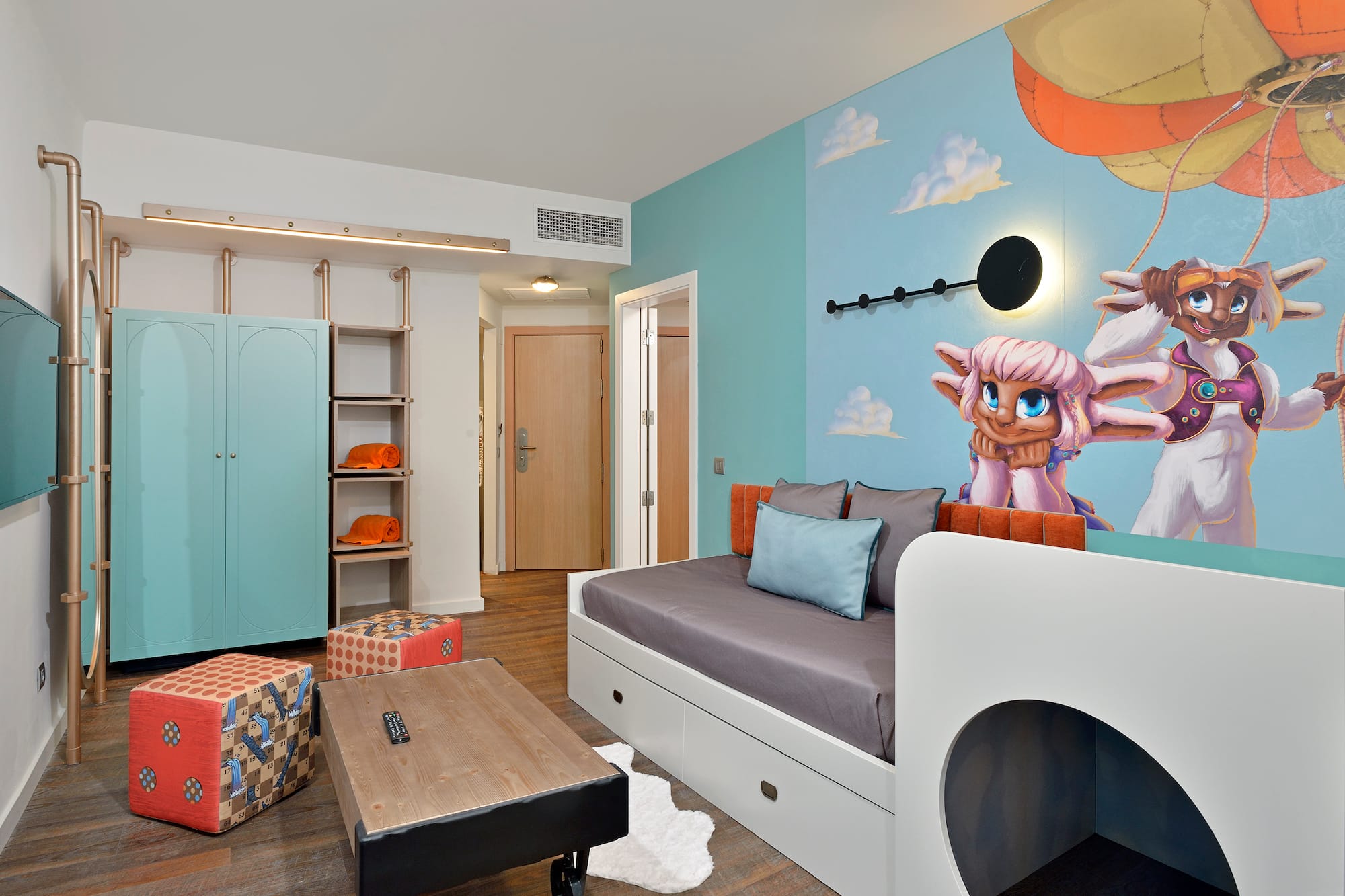 a room with a bed and a table