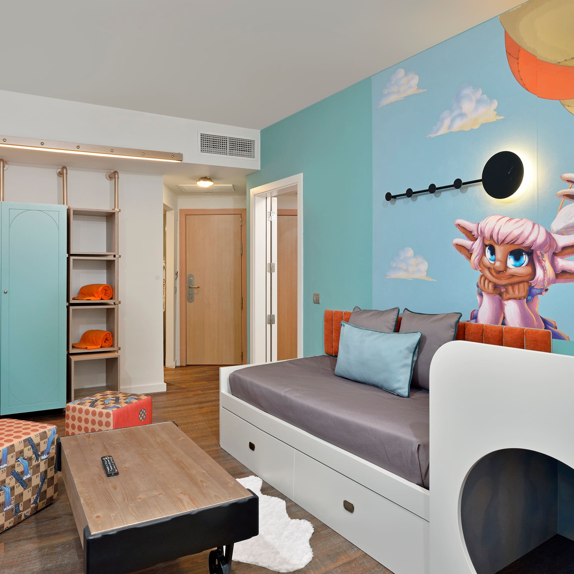 a room with a bed and a table