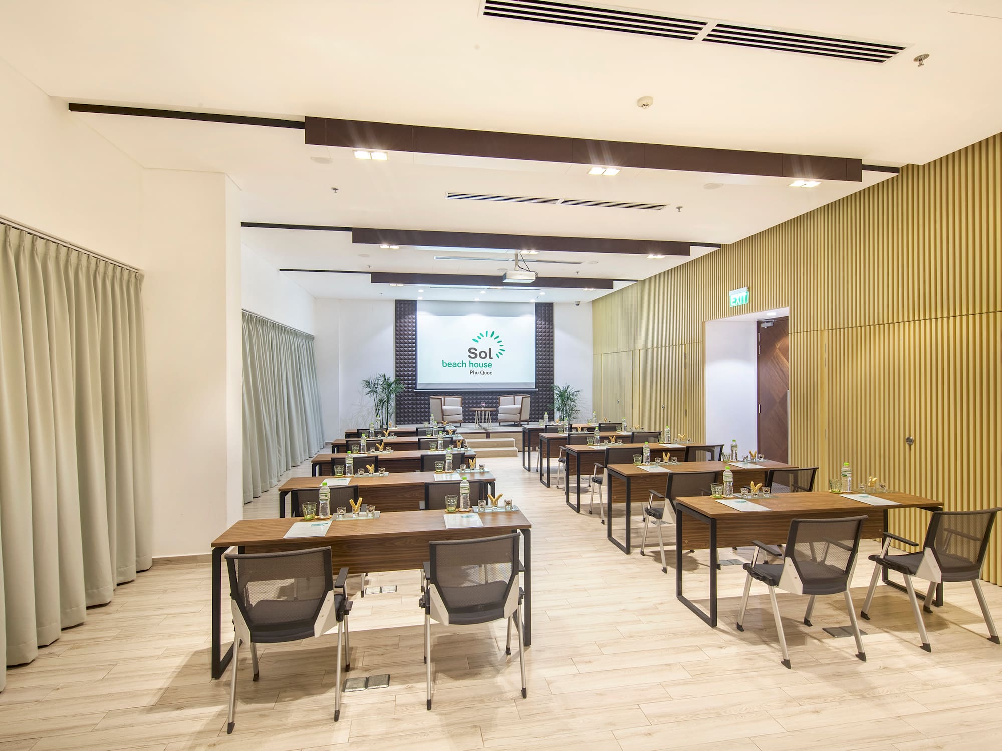 a room with tables and chairs