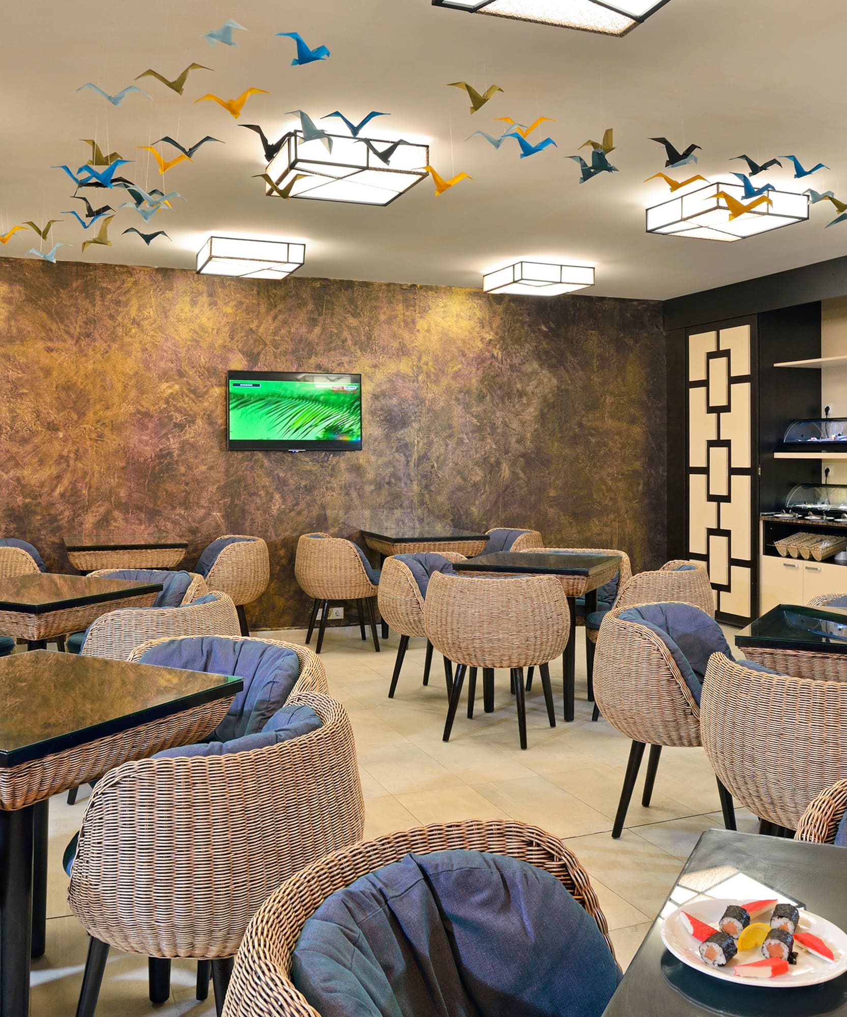 a room with tables and chairs