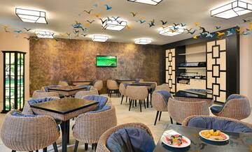 a room with tables and chairs