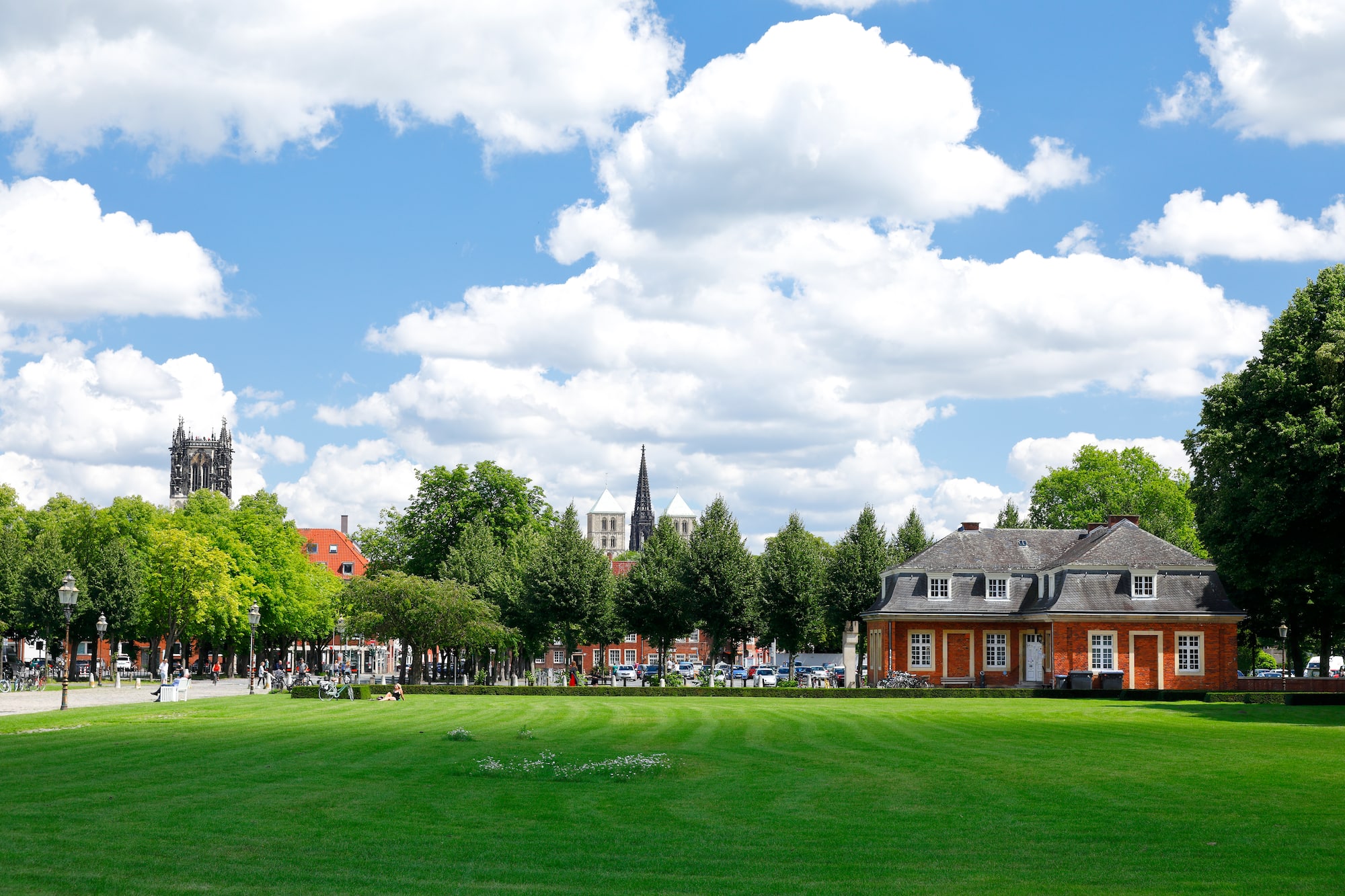 A green lawn framed by buildings and trees in the distance.