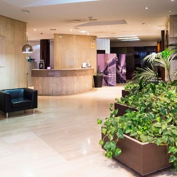 a lobby with plants and a chair