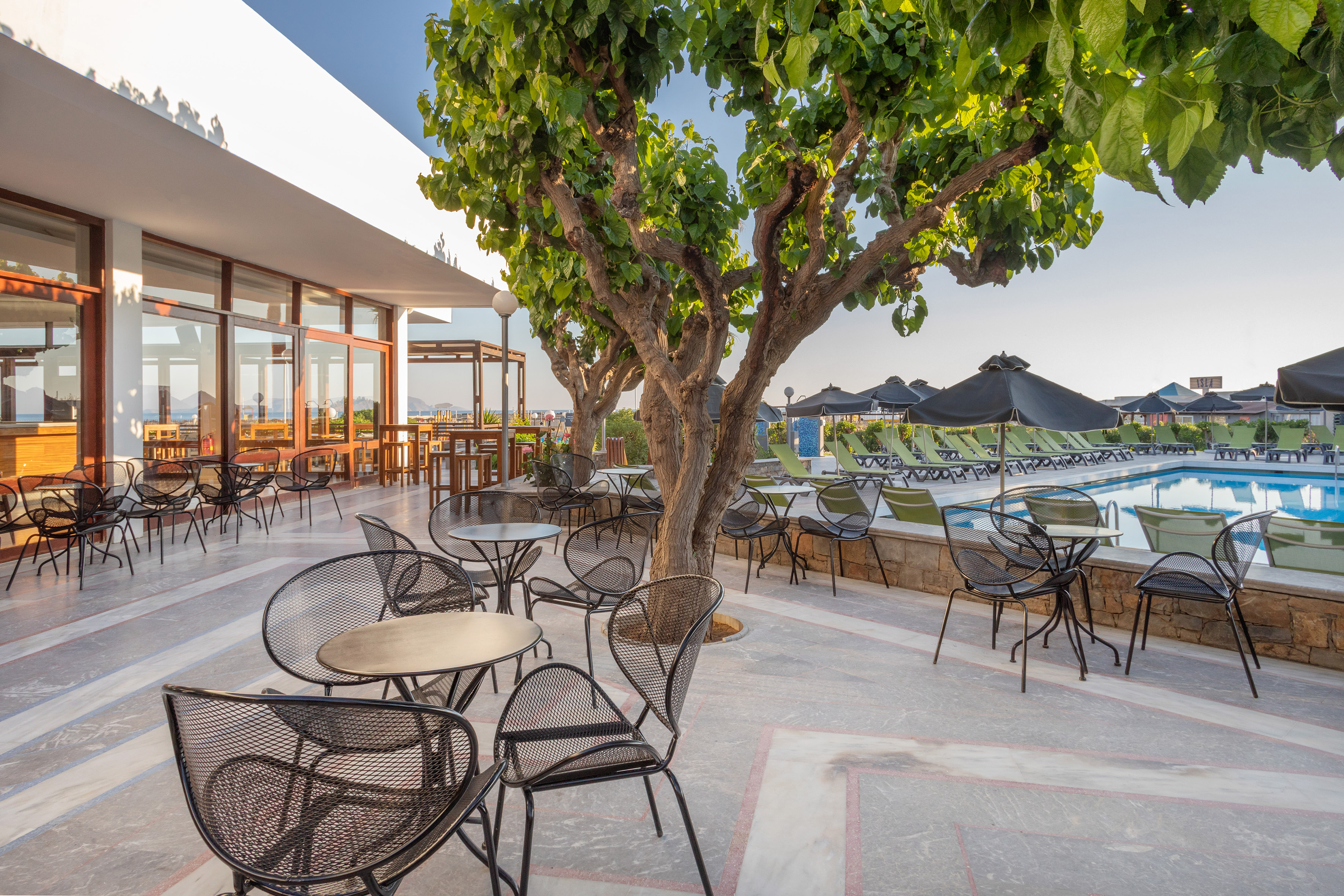 Resort hotel outdoor dining terrace with tables, shade trees, and poolside.