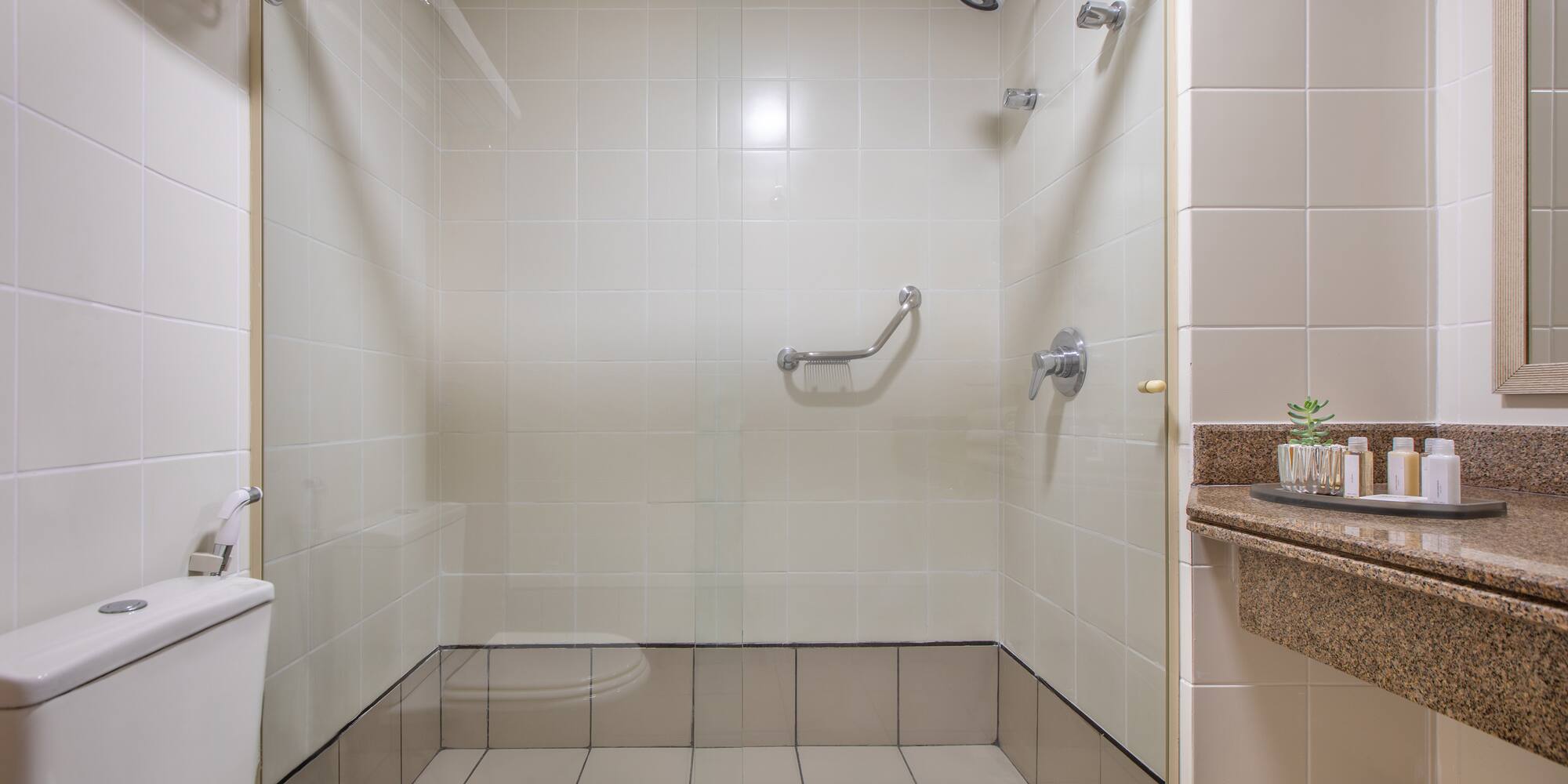 Accessible hotel bathroom with tiled shower, grab bar, toilet, and vanity.
