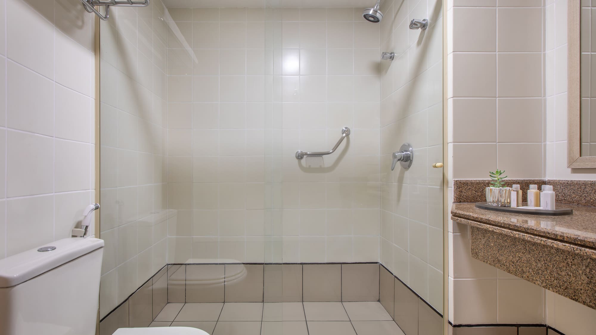 Accessible hotel bathroom with tiled shower, grab bar, toilet, and vanity.