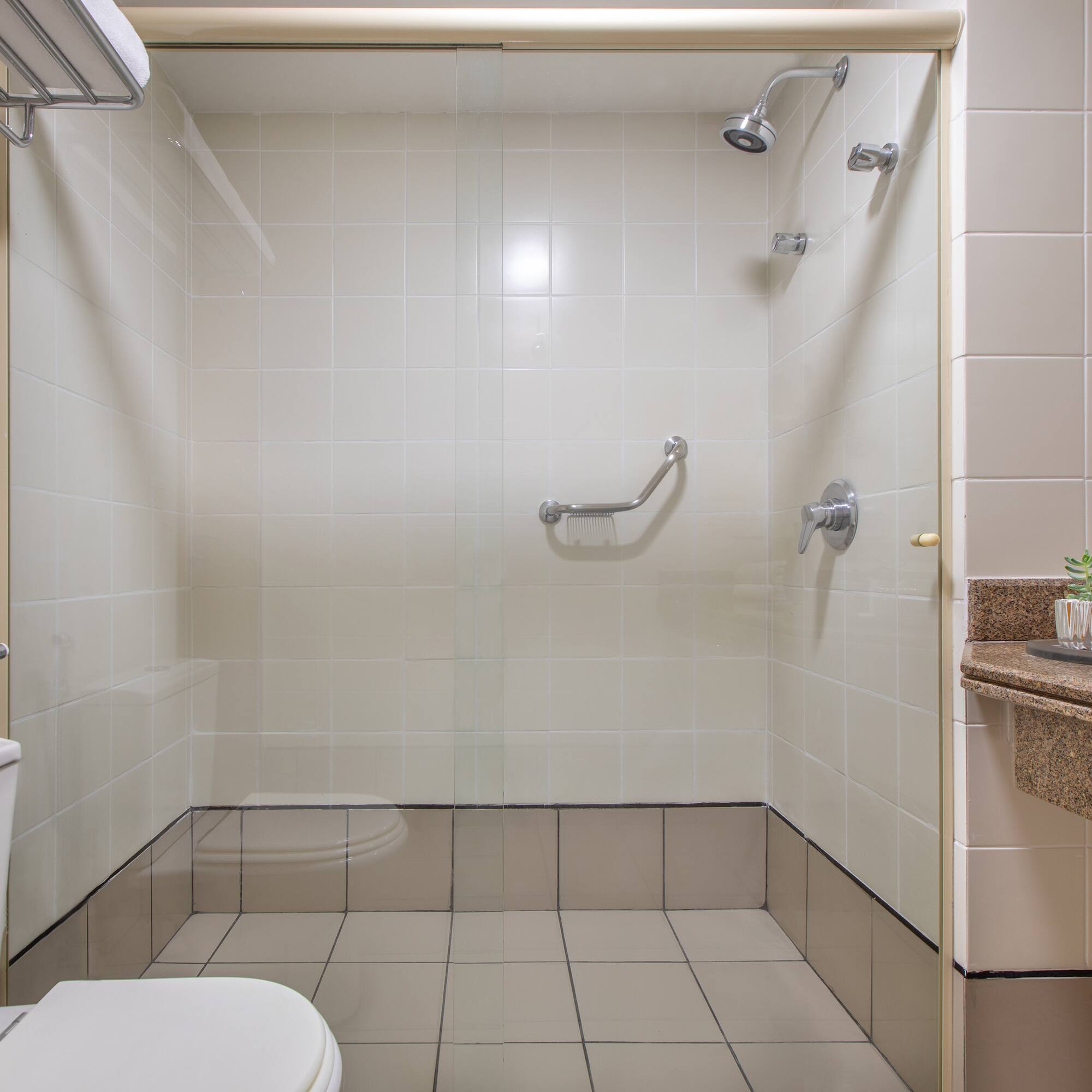 Accessible hotel bathroom with tiled shower, grab bar, toilet, and vanity.