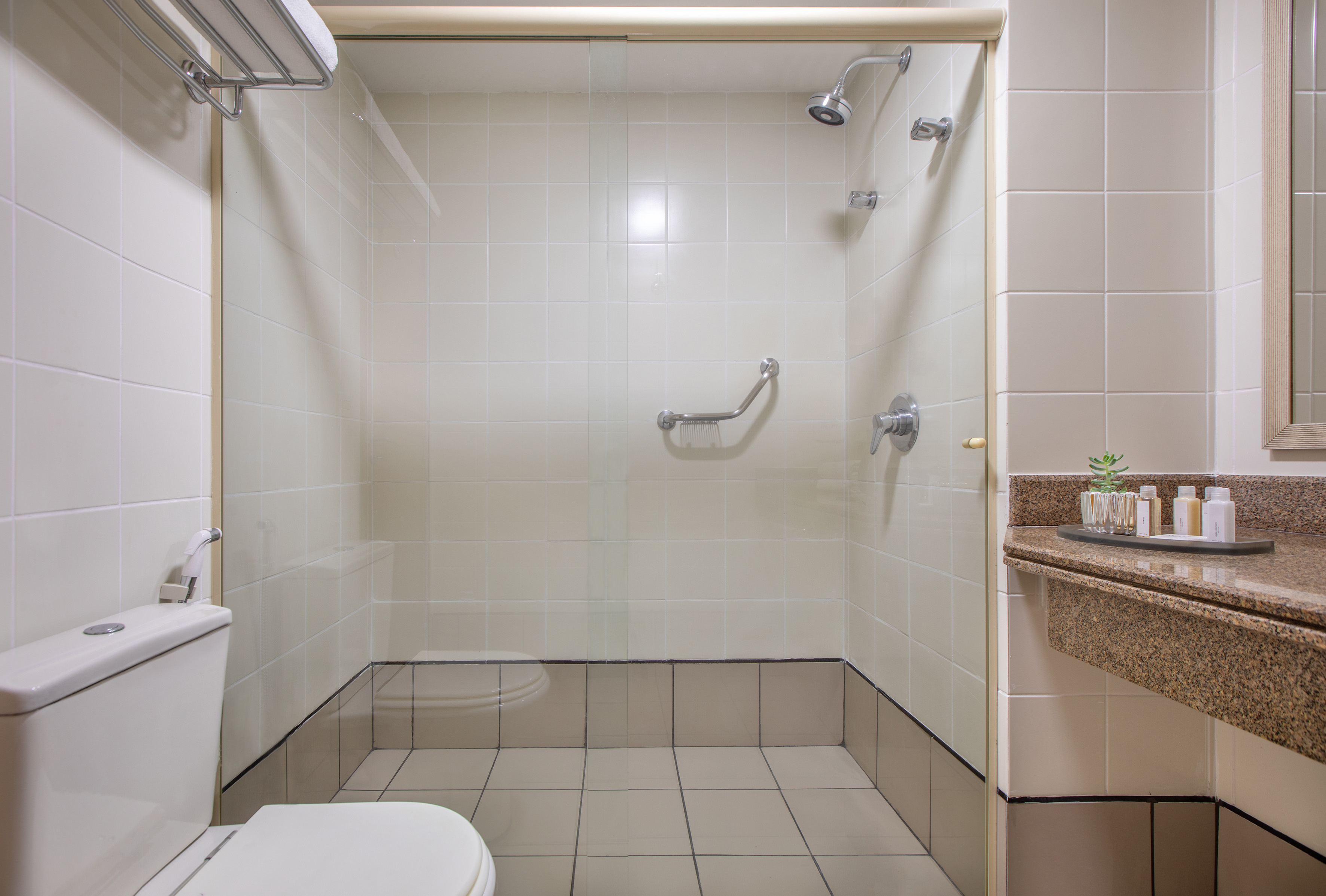 Accessible hotel bathroom with tiled shower, grab bar, toilet, and vanity.