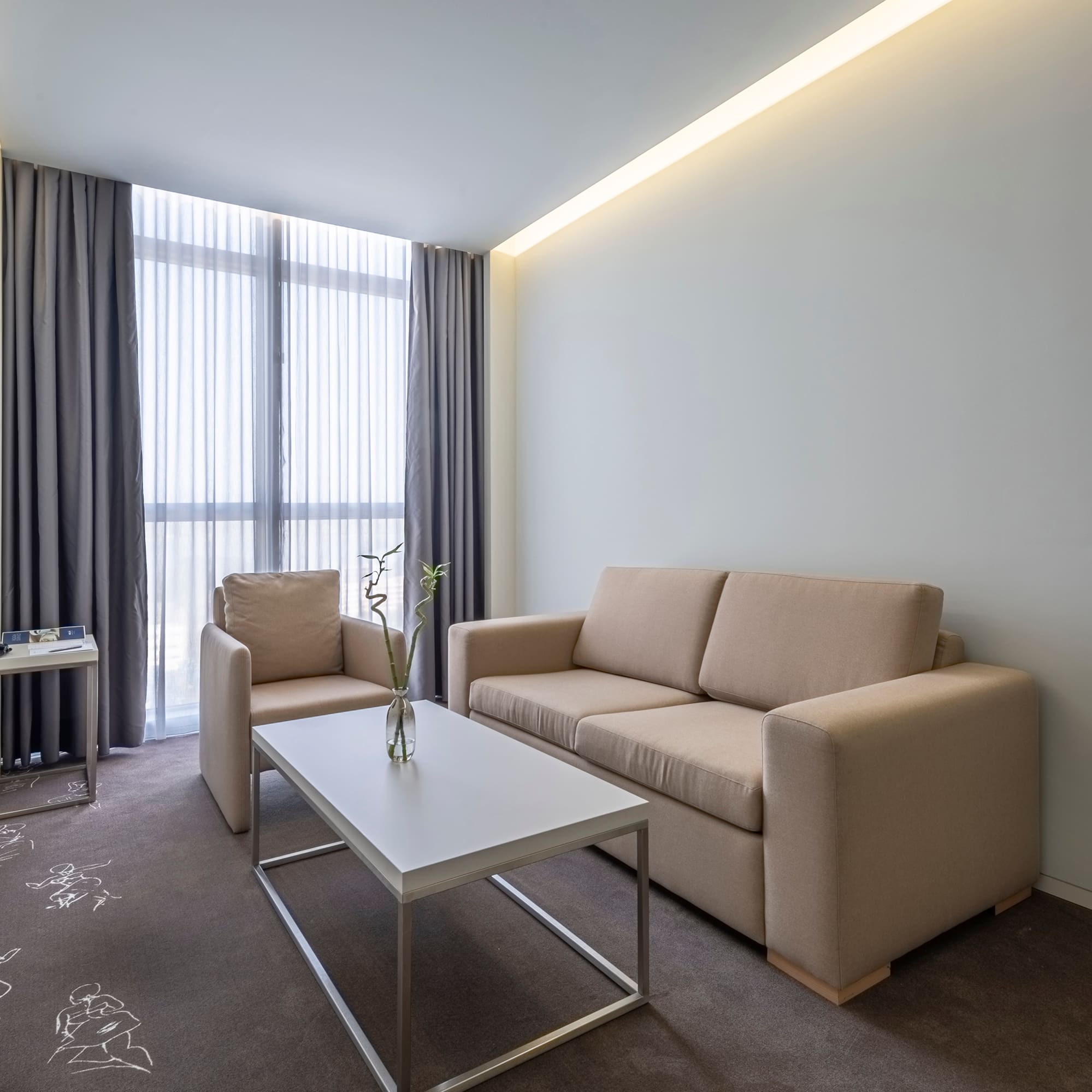 a room with a couch and a coffee table