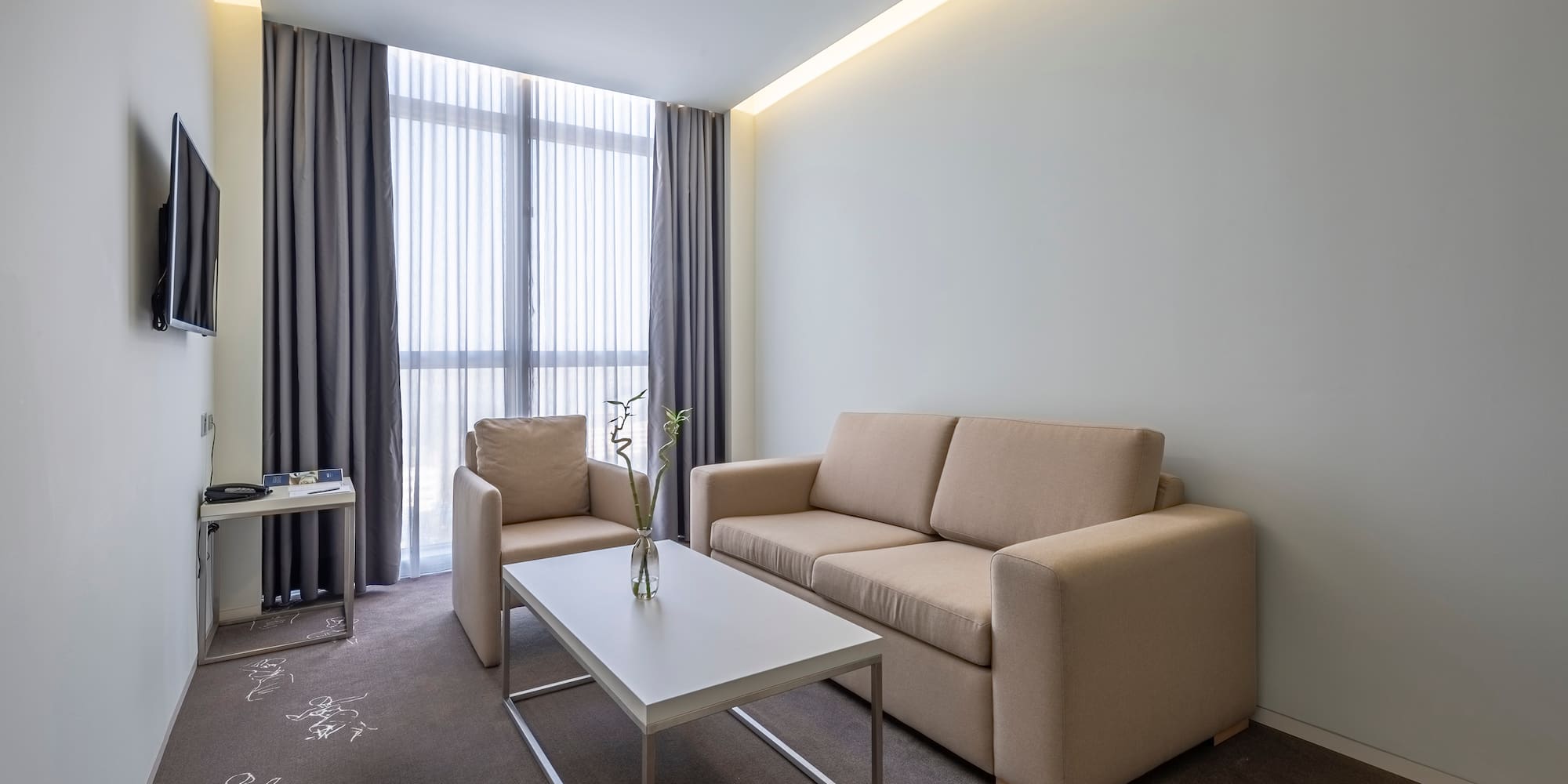 a room with a couch and a coffee table