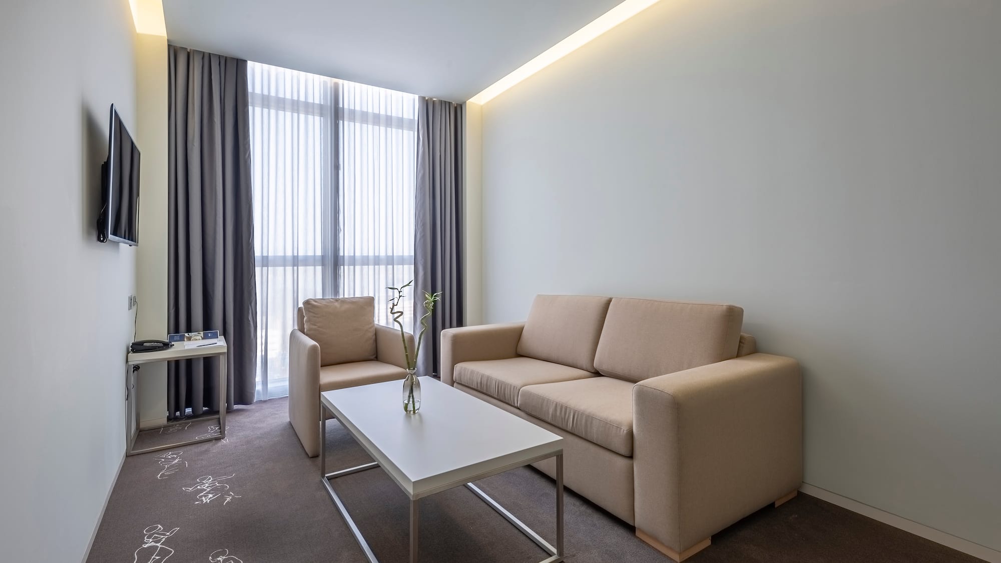 a room with a couch and a coffee table