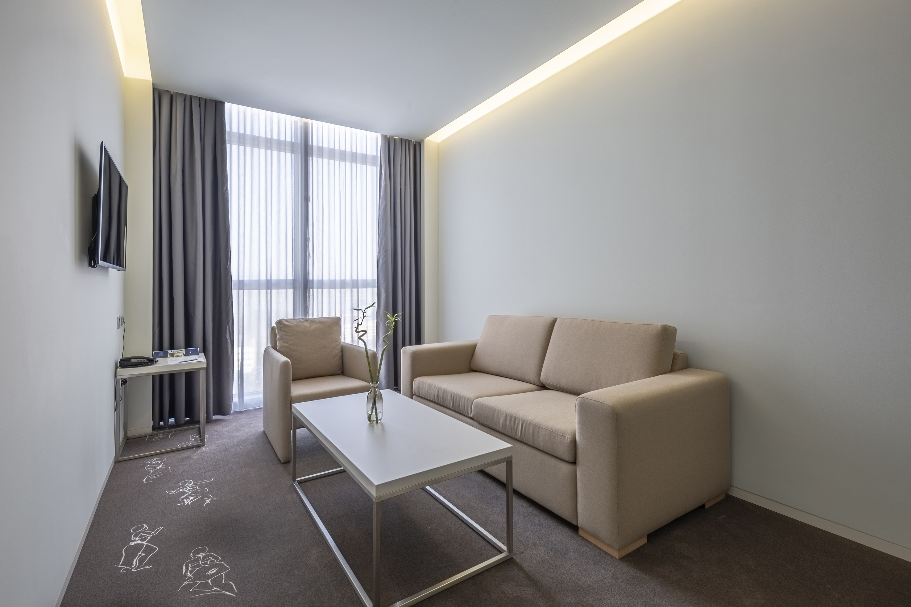 a room with a couch and a coffee table