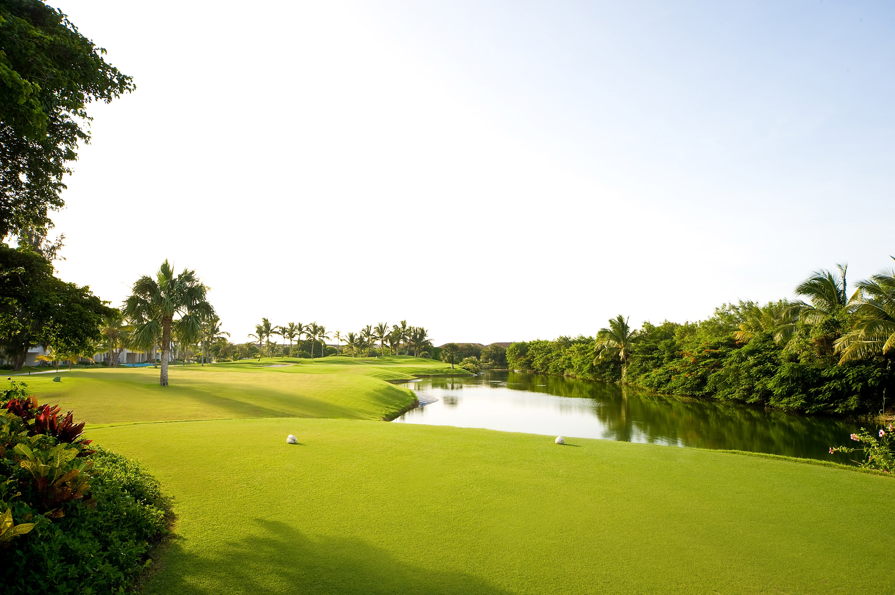 a golf course with a river and trees