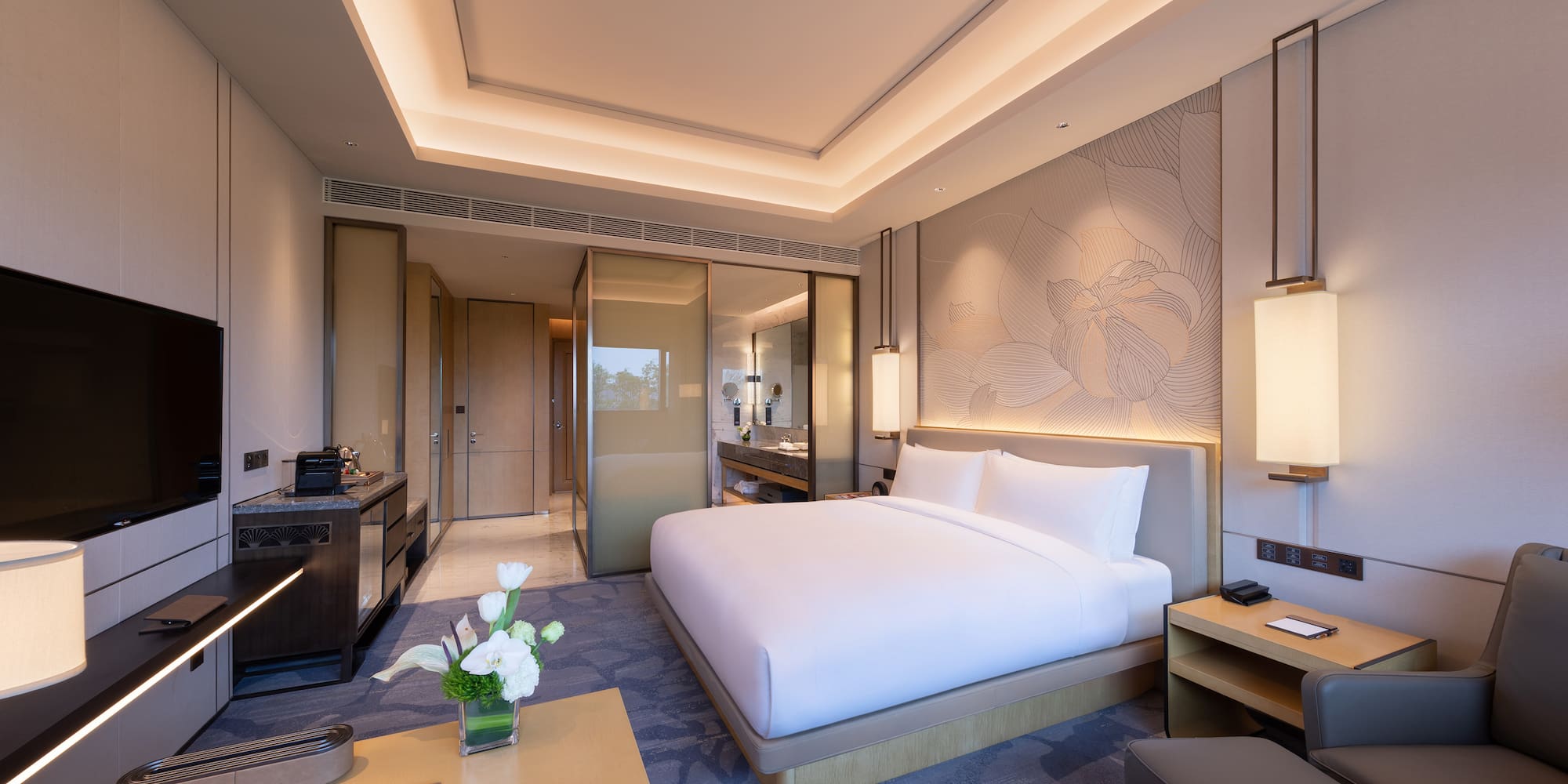 a room with a bed and a table