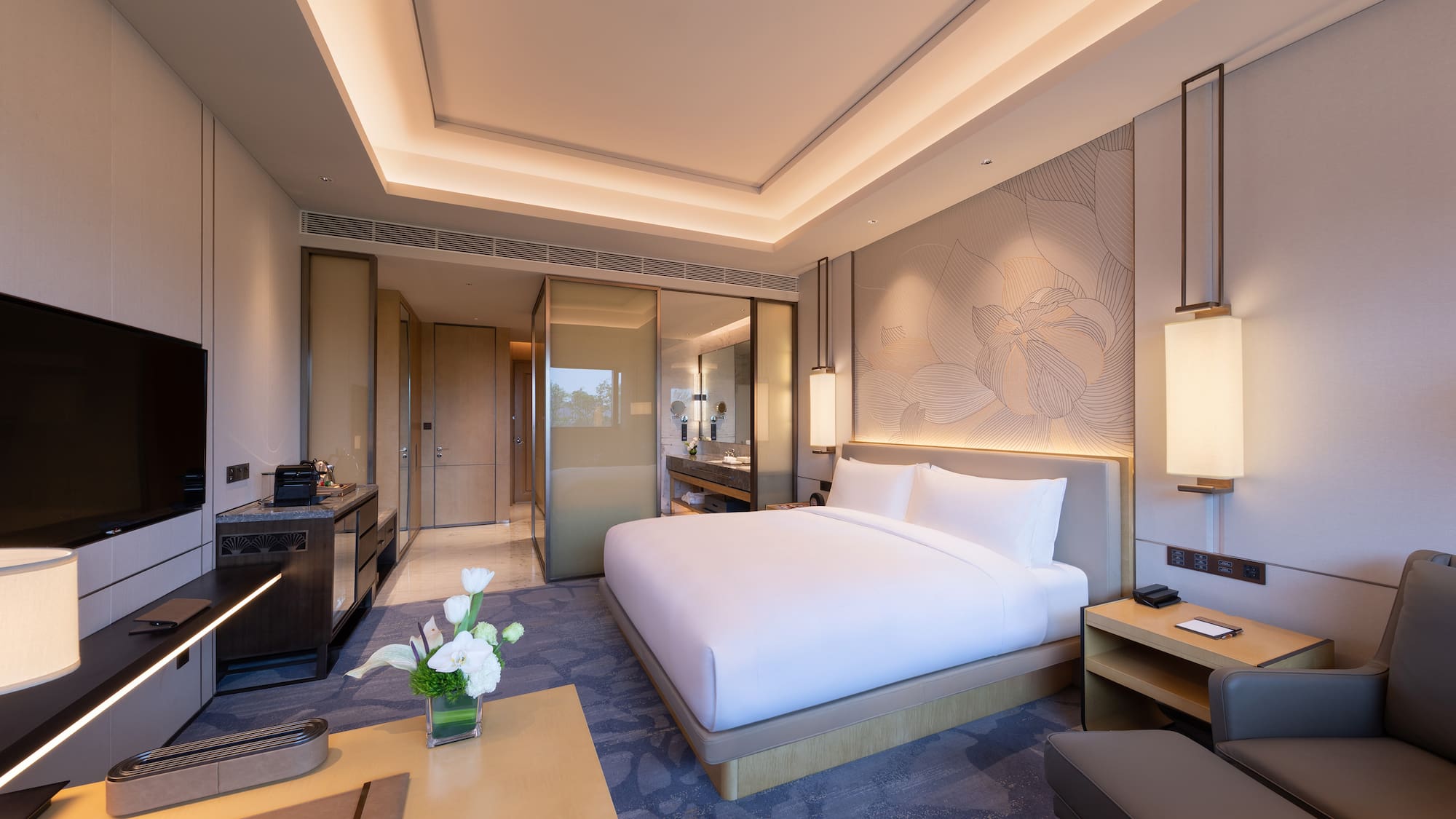 a room with a bed and a table