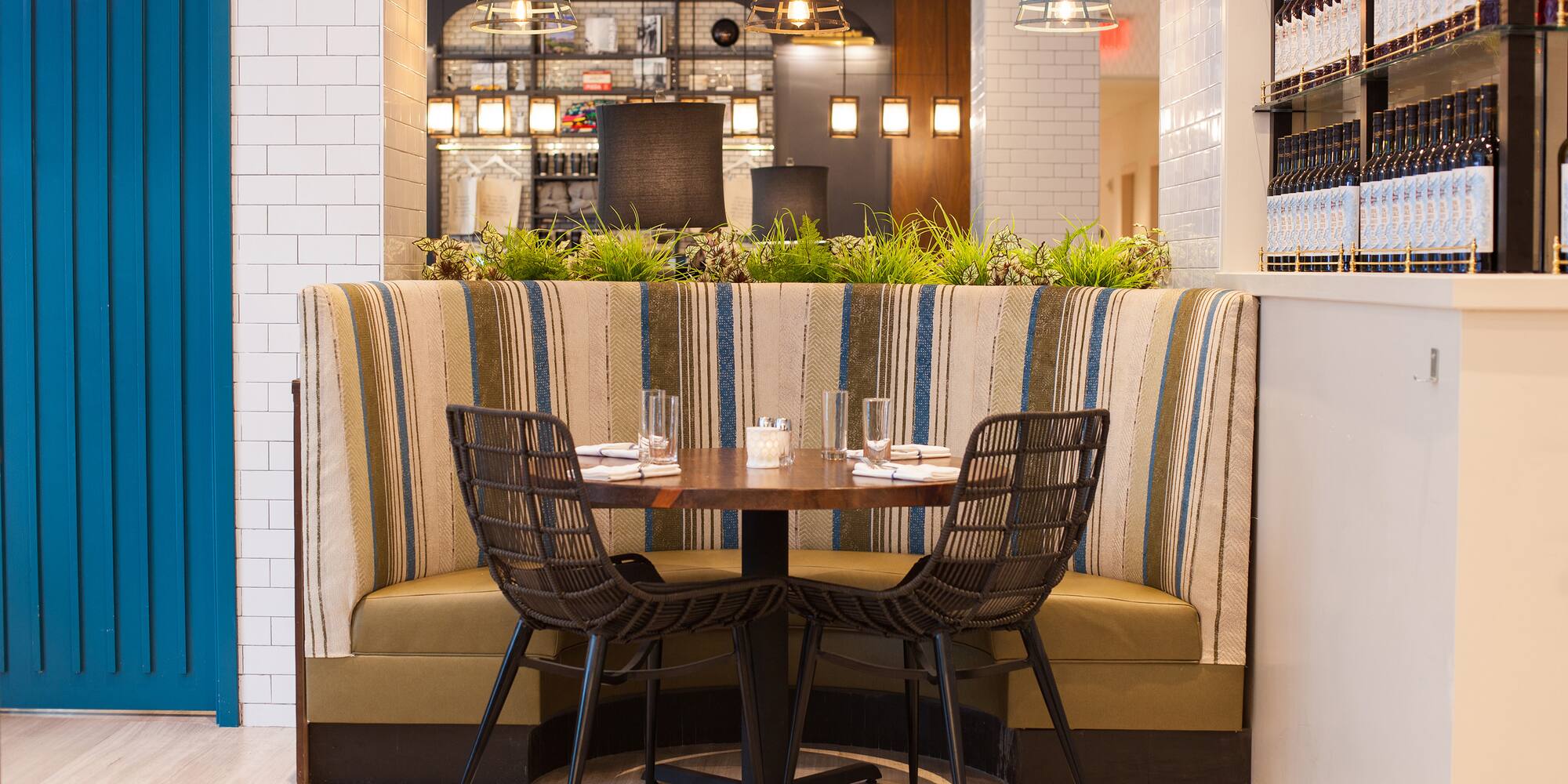 a table and chairs in a restaurant