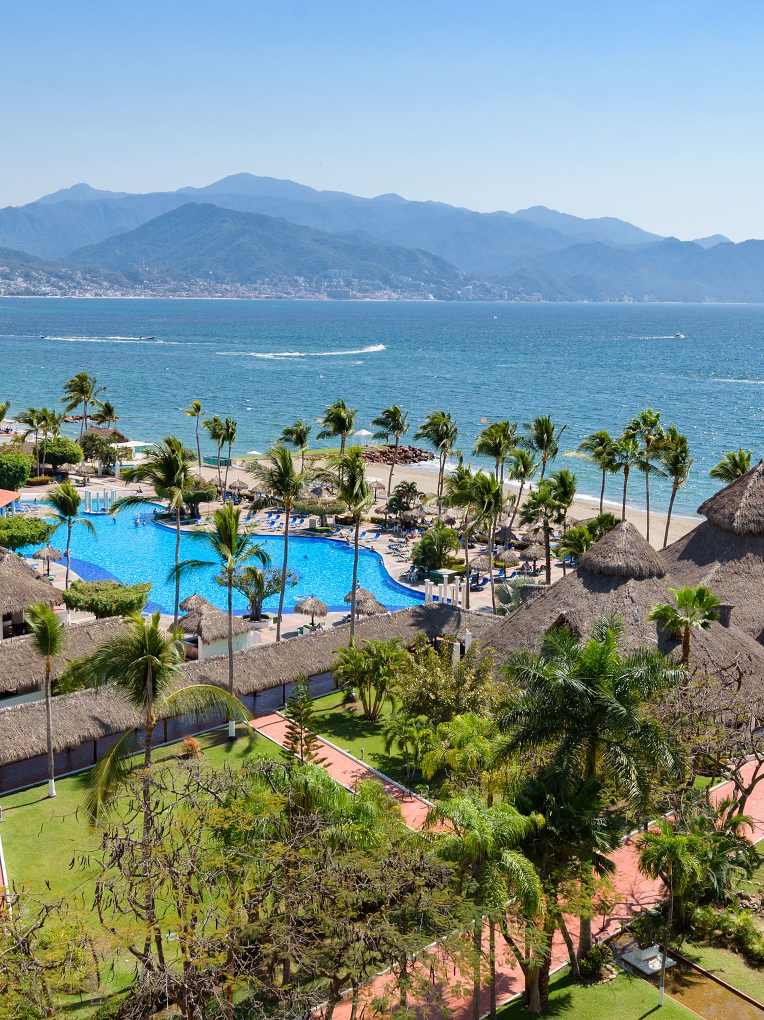 a resort with a pool and palm trees by the water