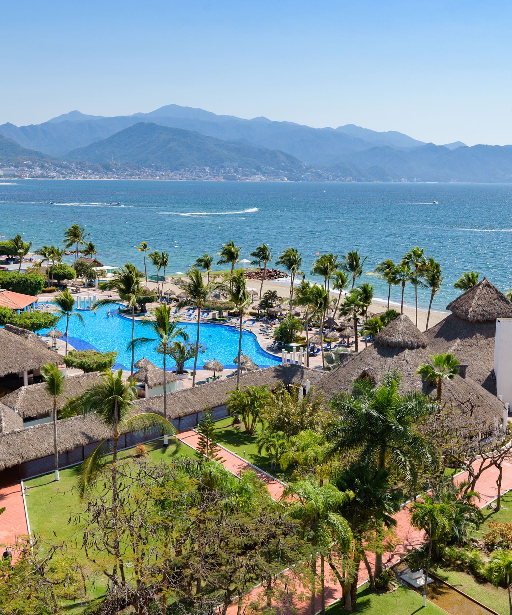 a resort with a pool and palm trees by the water