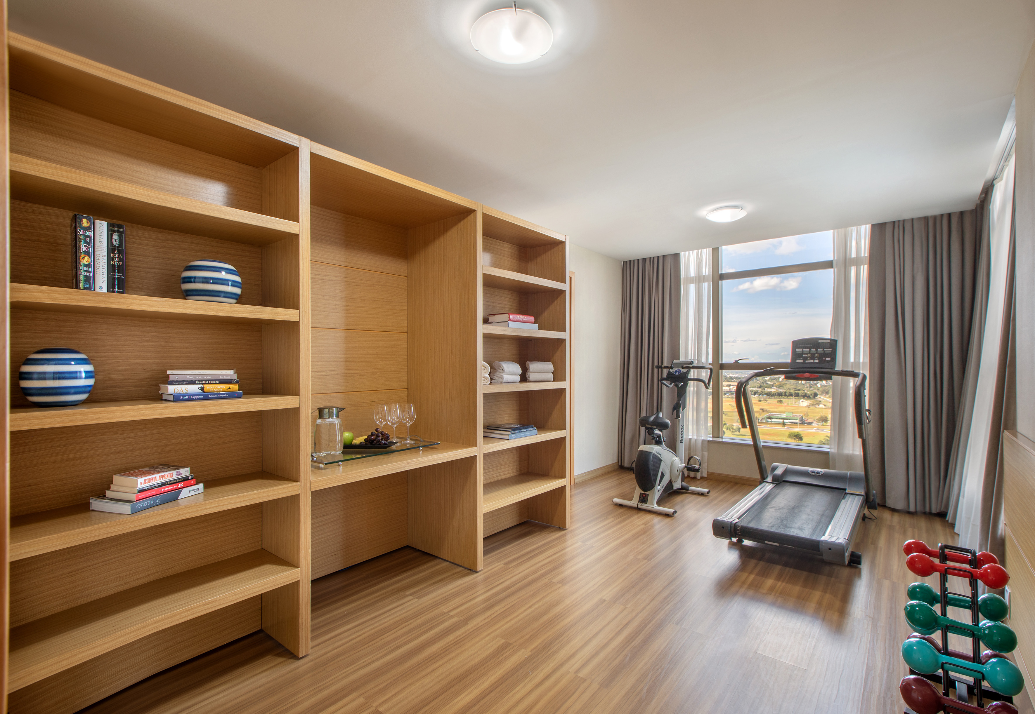 Hotel gym: treadmill, exercise bike, dumbbells, wood shelves, city view.