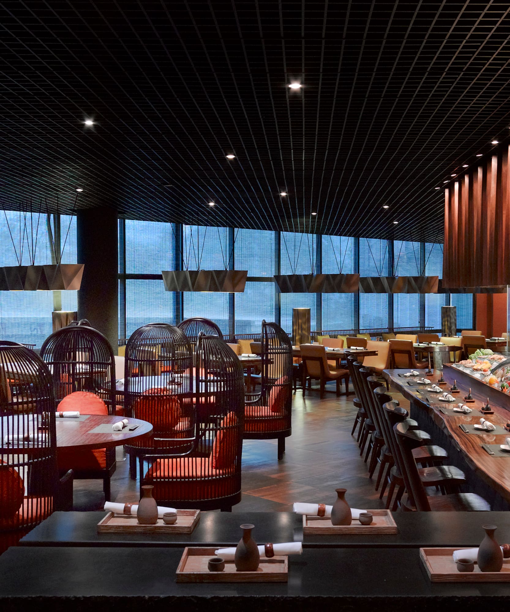 a restaurant with tables and chairs