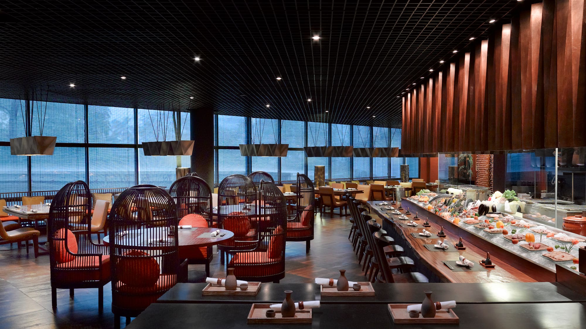 a restaurant with tables and chairs