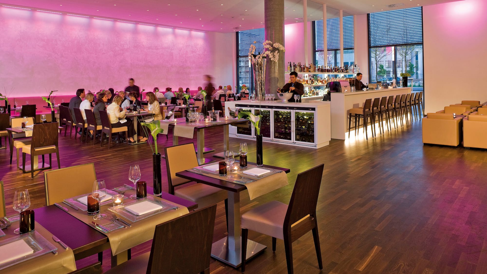 a large room with tables and chairs