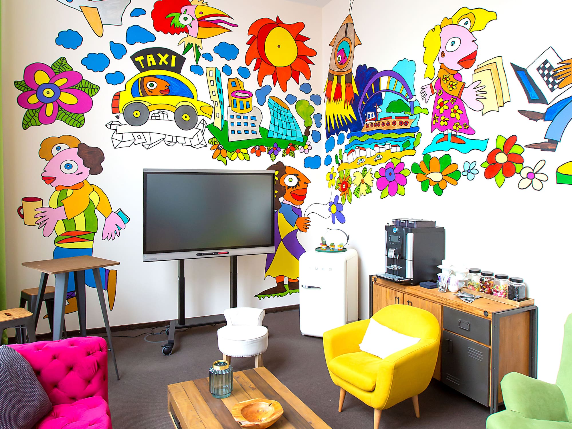 a room with a tv and a couch