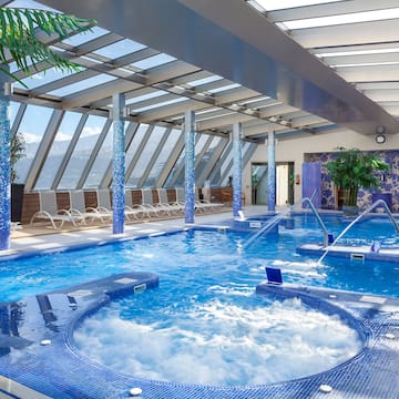 a large indoor pool with hot tubs and a glass roof