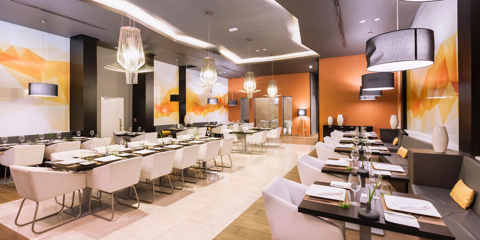 a room with tables and chairs