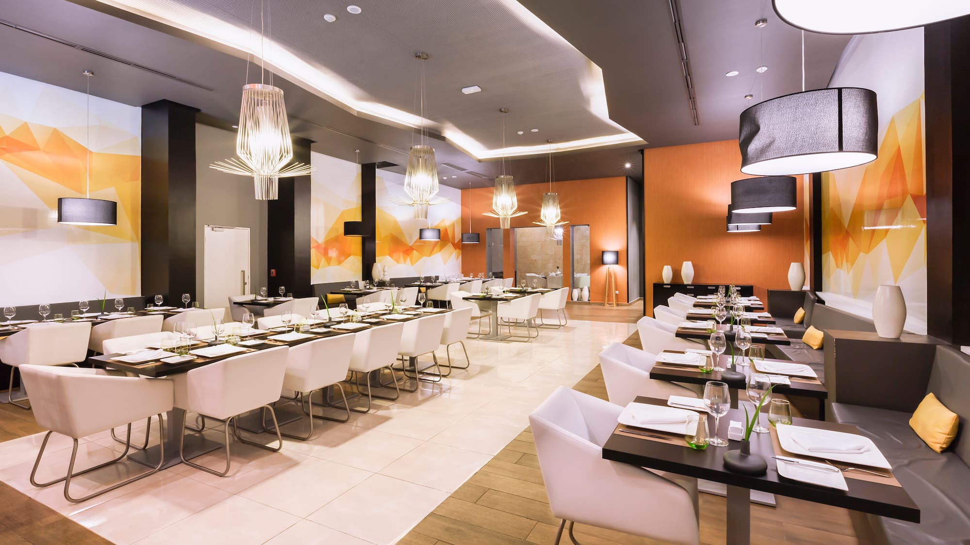 a room with tables and chairs