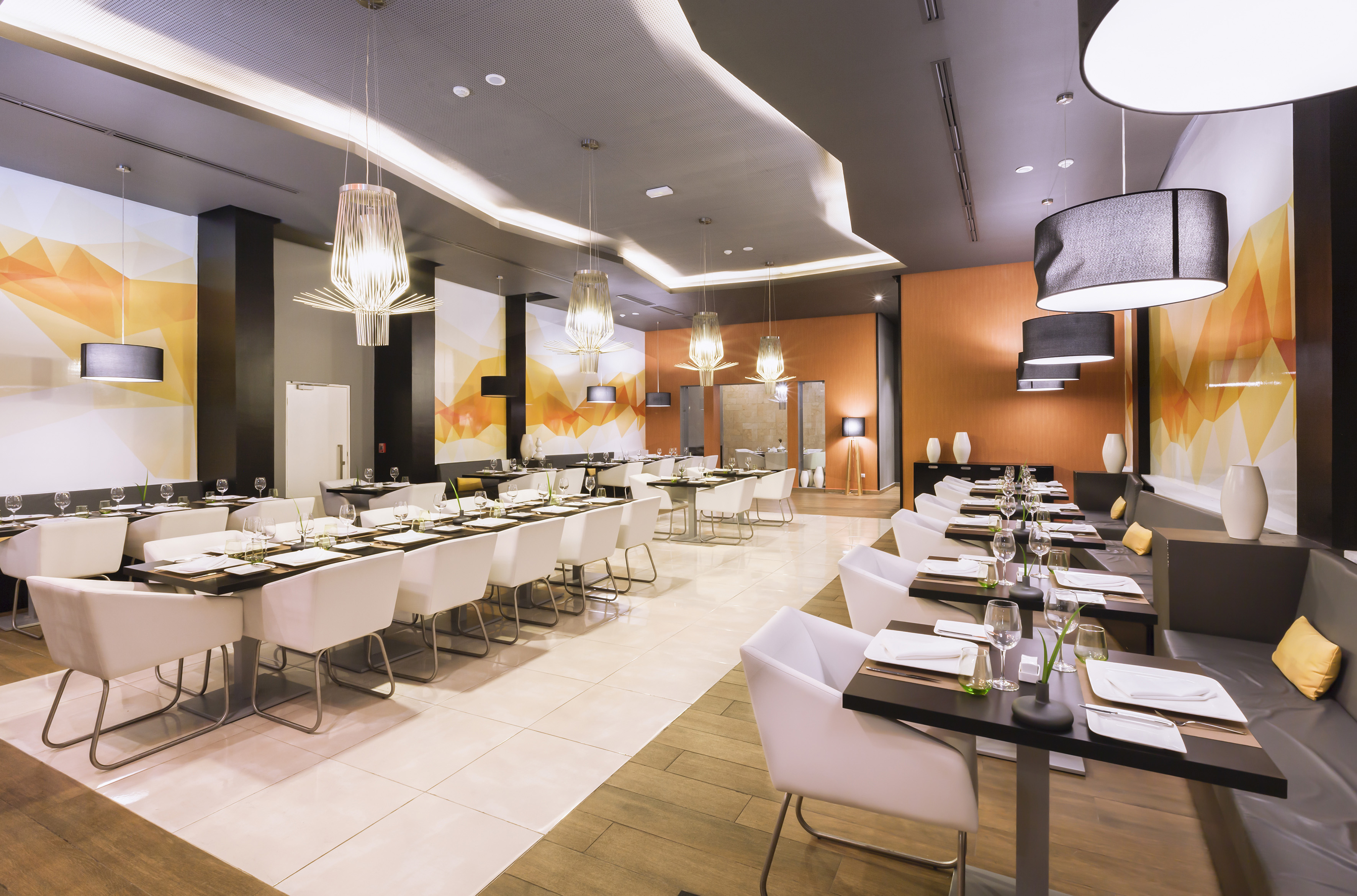 a room with tables and chairs