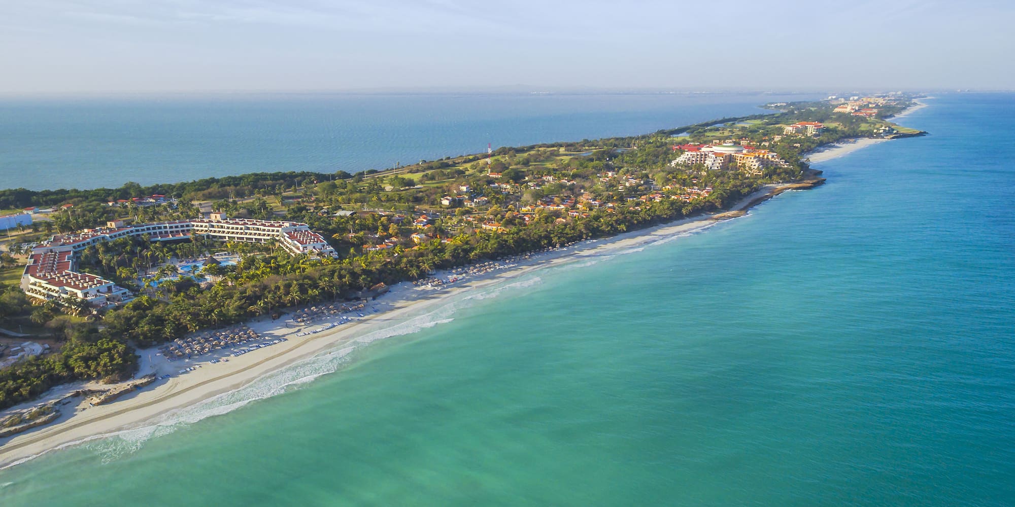 a beach with buildings and trees