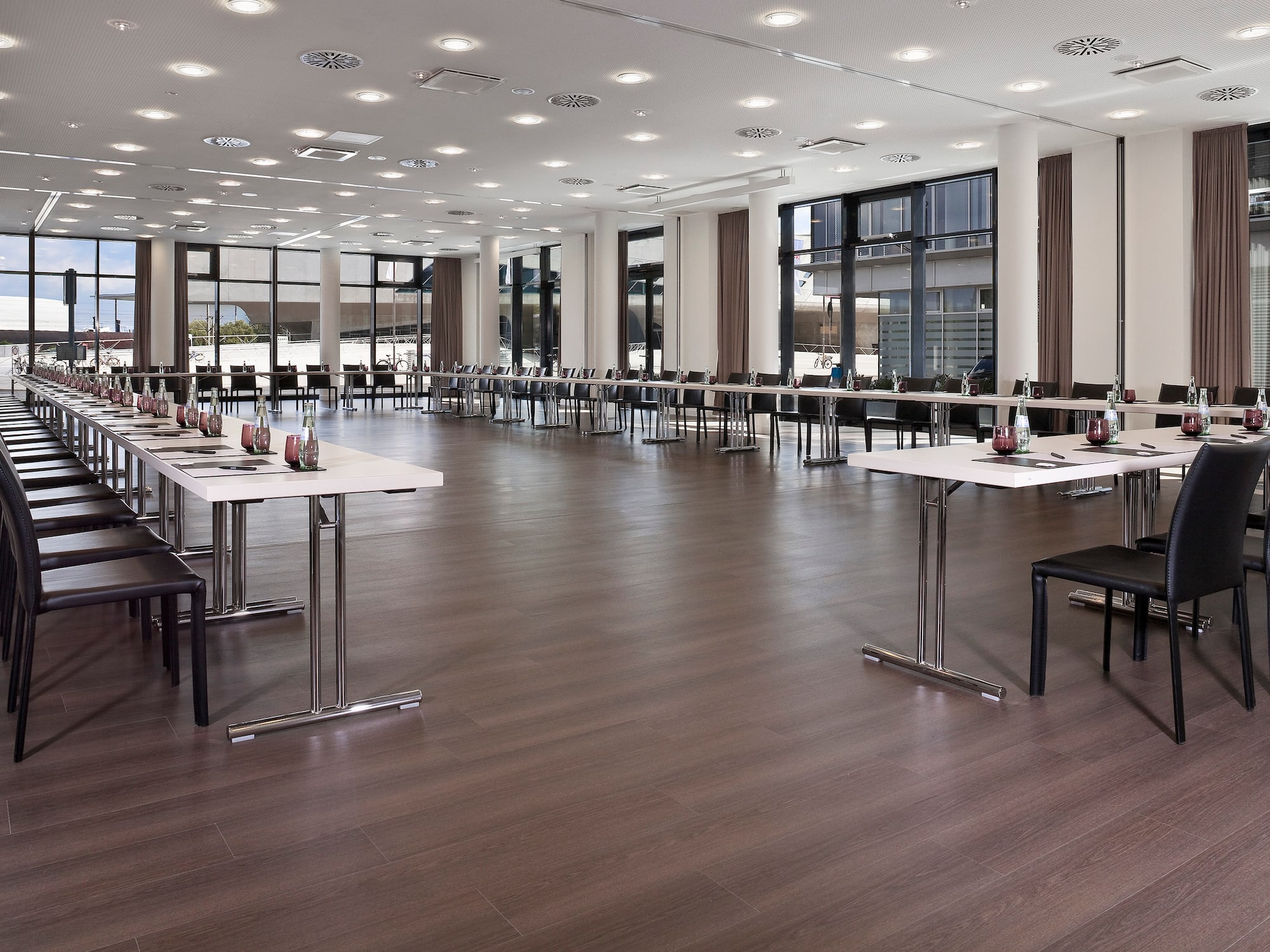 a large room with tables and chairs