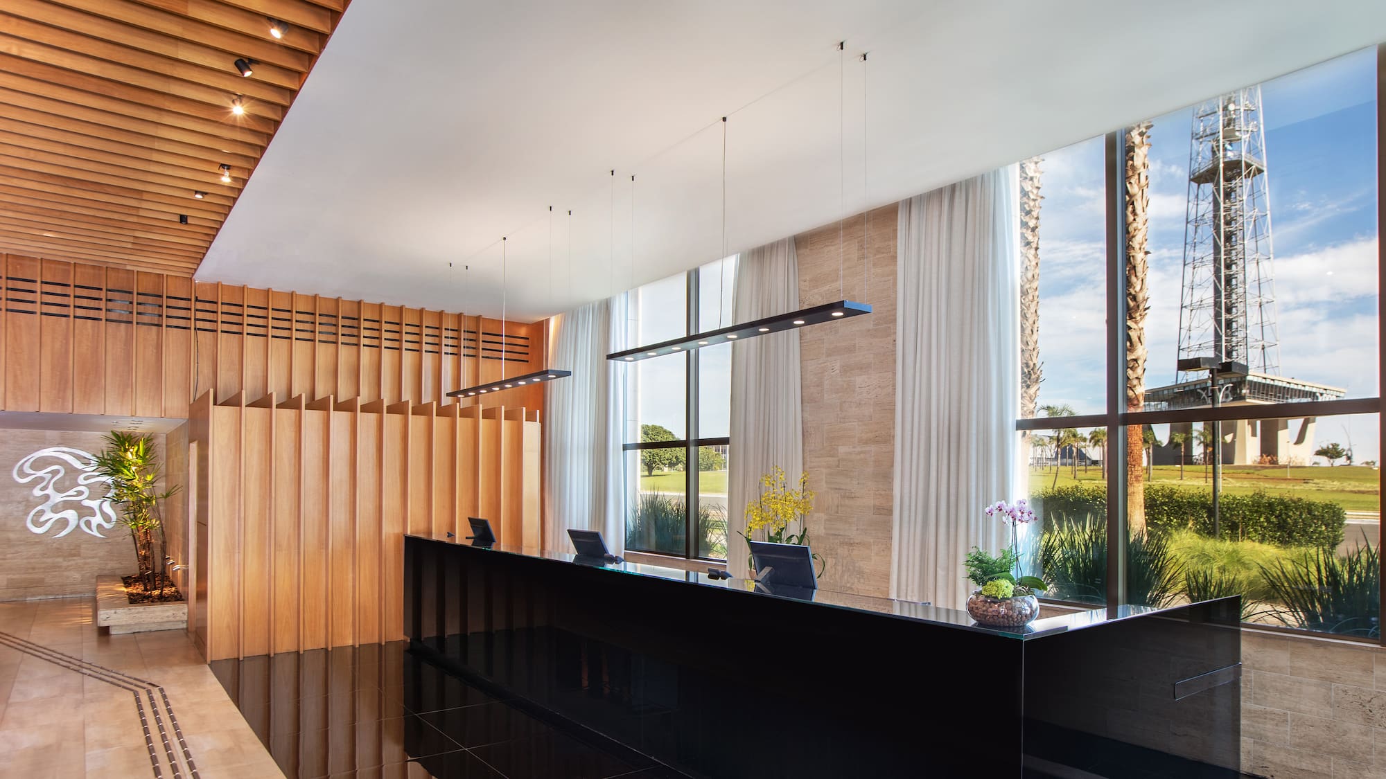 a reception desk in a hotel