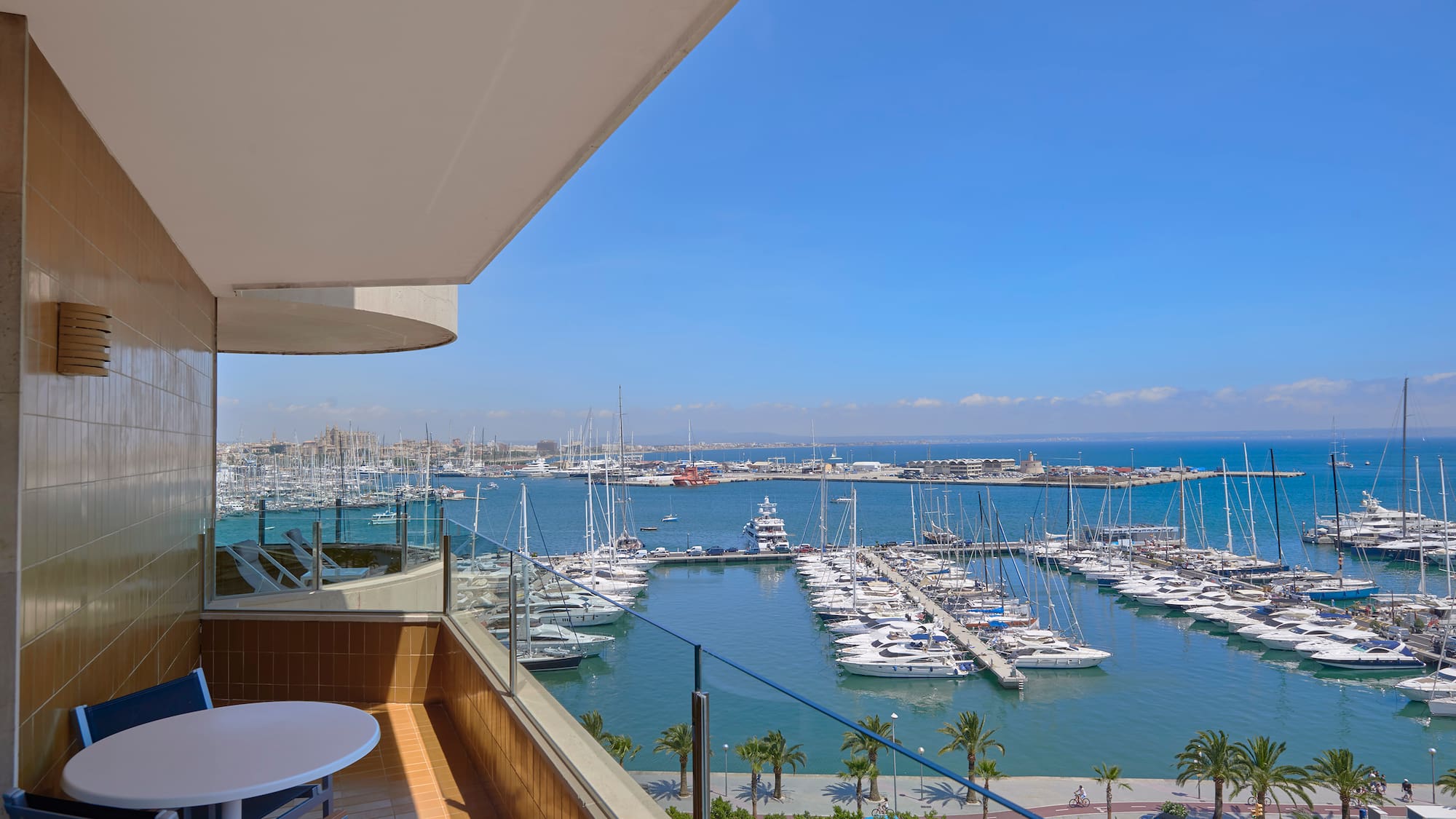 a view of a marina from a balcony