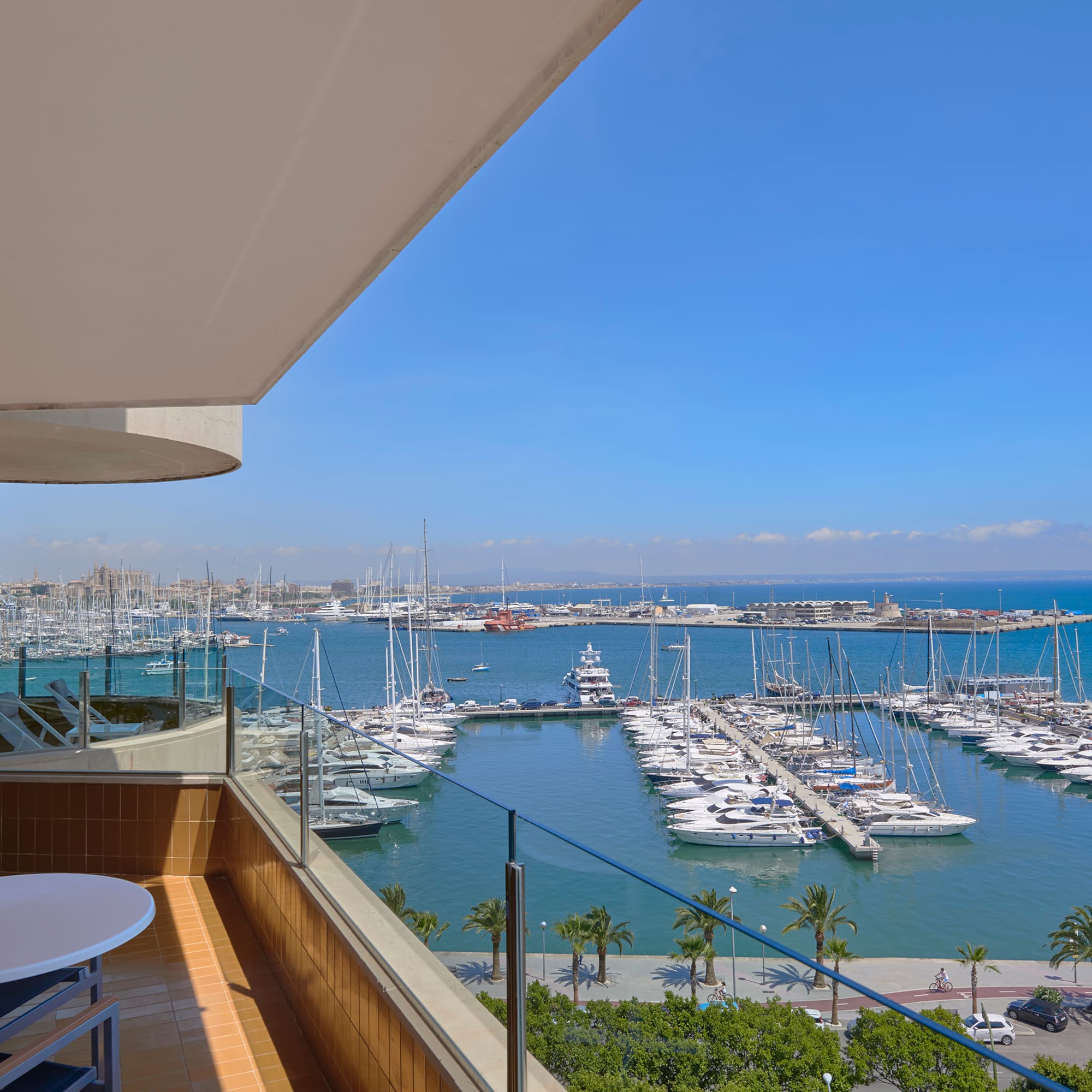 a view of a marina from a balcony