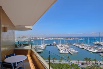 a view of a marina from a balcony