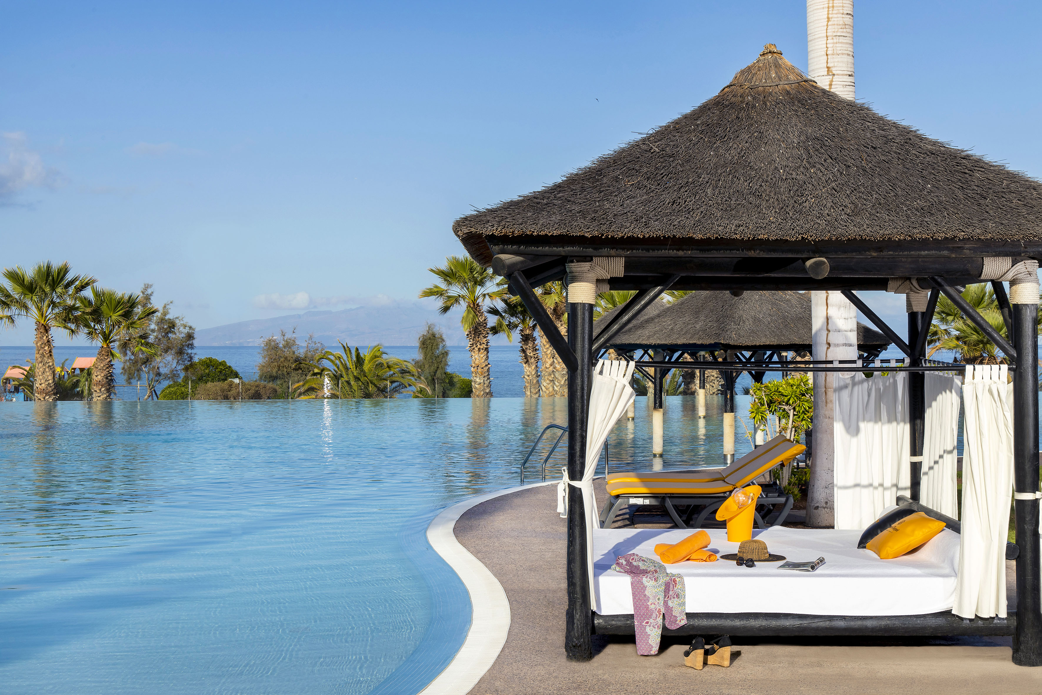 Thatch-roof cabana beside infinity pool, ocean view, palm trees.