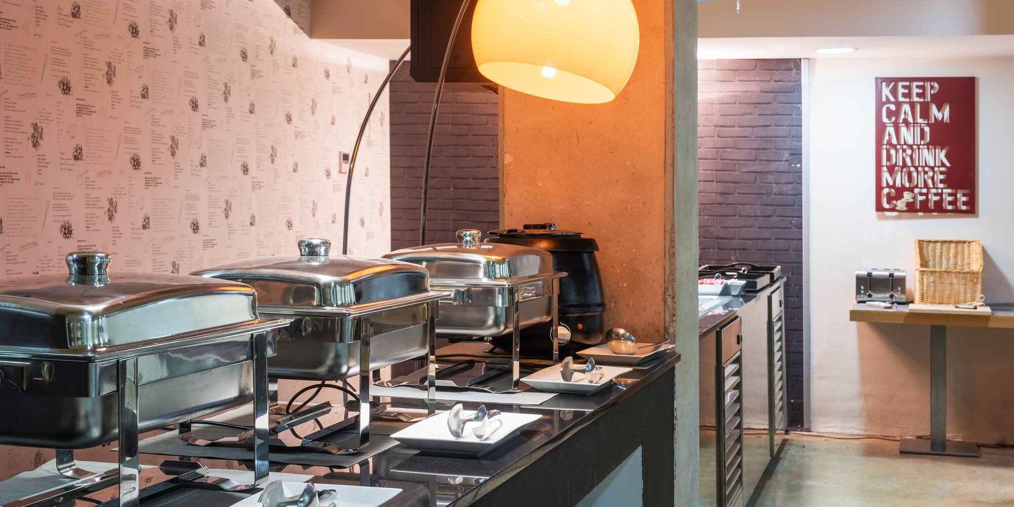 a buffet line with food on the counter