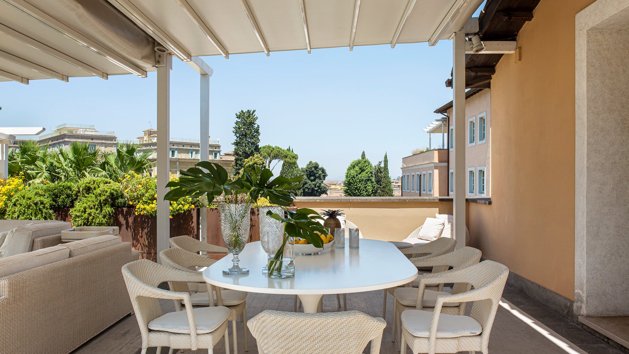 a table and chairs on a patio