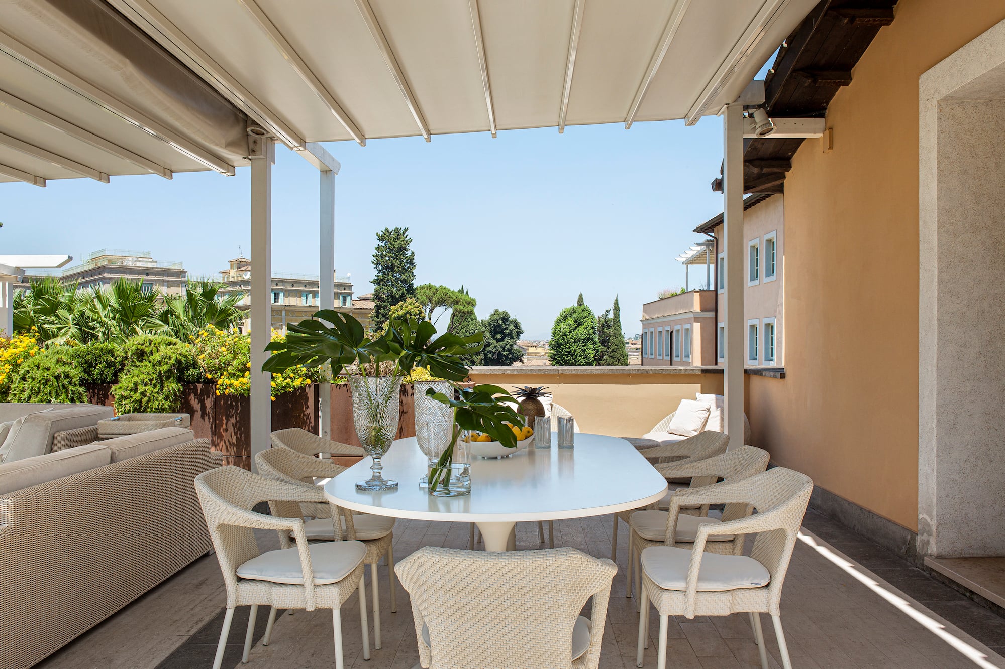 a table and chairs on a patio