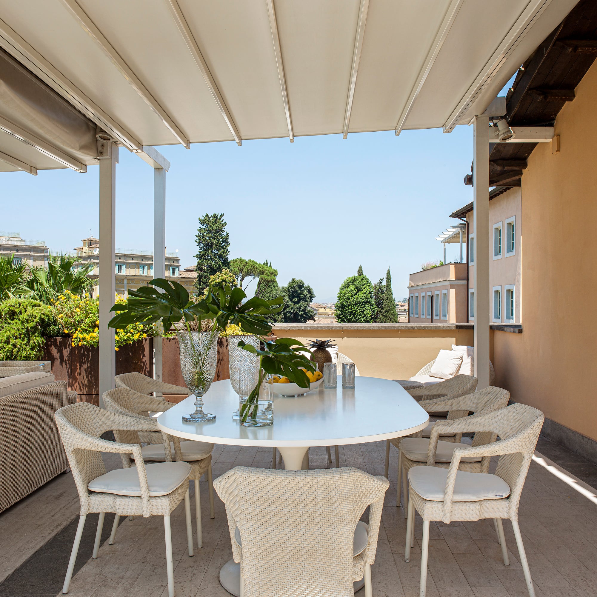 a table and chairs on a patio