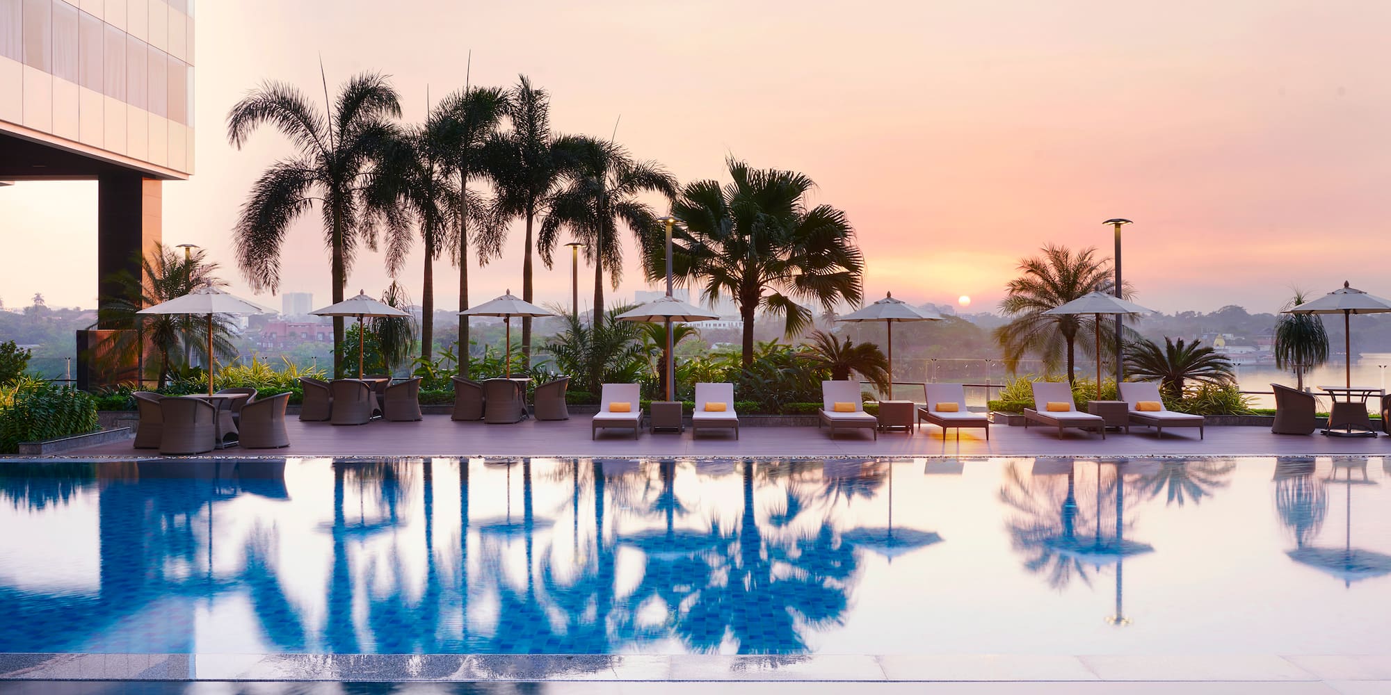 a pool with chairs and umbrellas and palm trees